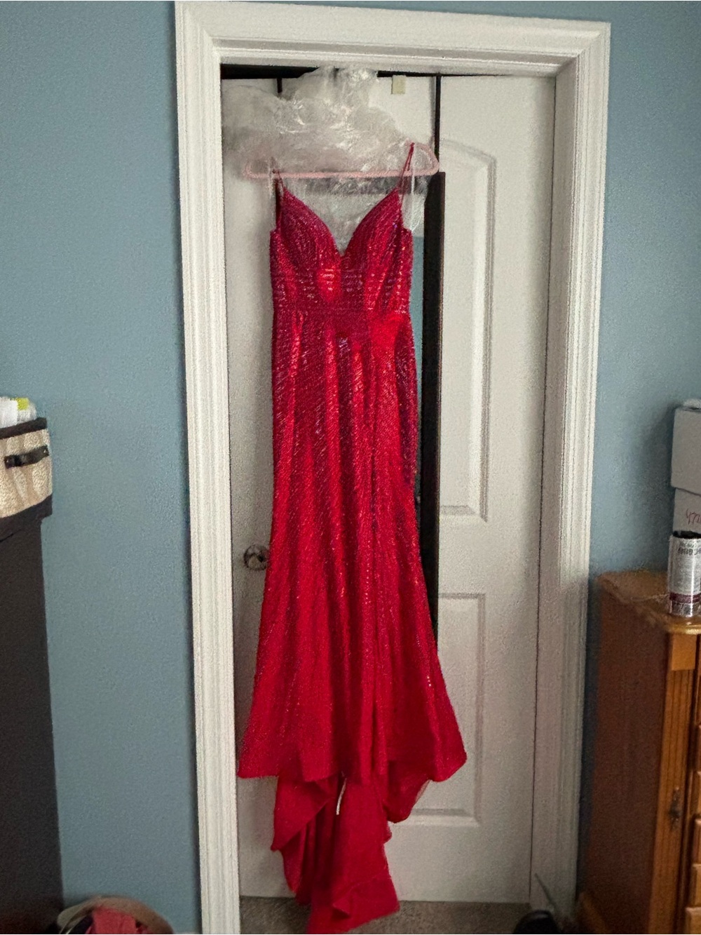 Sherri Hill Red with irridecent Sequin Prom Gown
